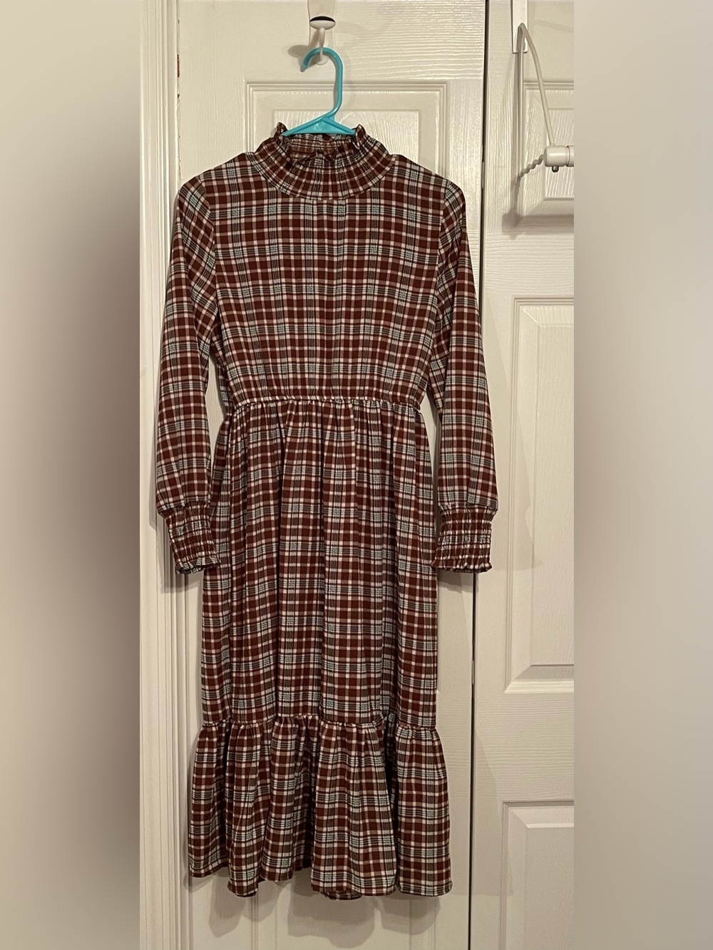 Tickled Teal Brown Plaid Midi Dress with Ruffled Neck